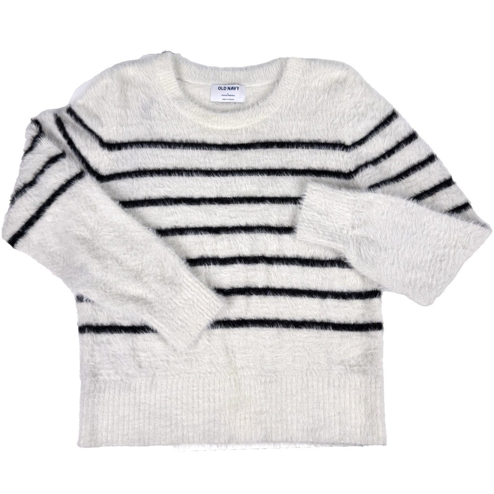 Old Navy Sweater Womens L Crew Neck Breton Stripe Fuzzy Nautical Coastal Preppy